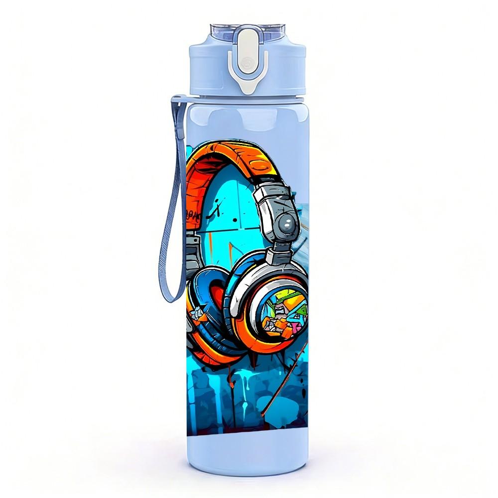 1PC Headphone Blue Tech Graffiti Style Art 750ml Color Plastic Sports Water Bottle Leakproof Flip Straw Lid Suitable for Sports Office Home Use