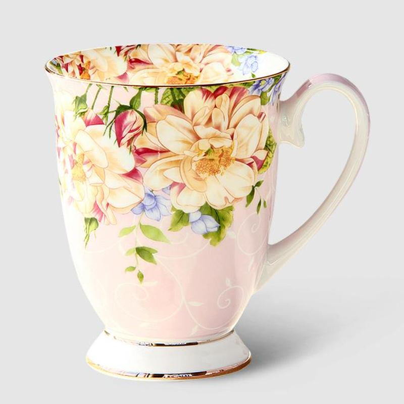 300ml Bone China Coffee Mugs- Blue Pink Elegant Floral Tea Mug with Gold Trim, Large Capacity Ceramic Cup for Coffee Tea and Milk for Home Office