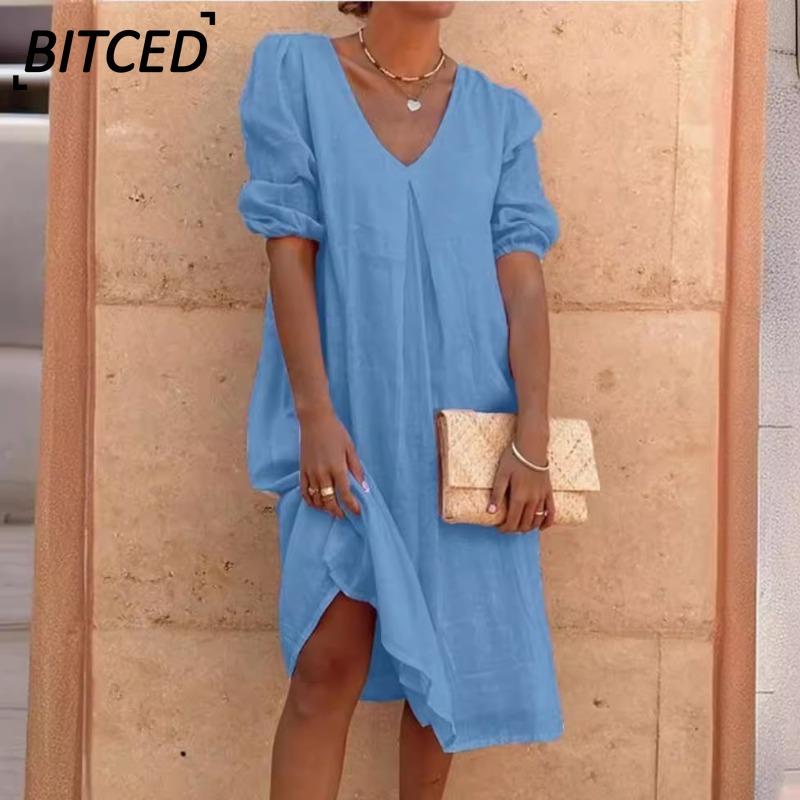 BITCED Fashion Summer Spring Solid Color Print Short Sleeve V-Neck Casual Dresses