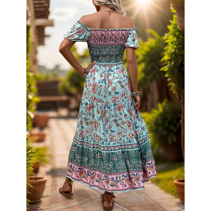Women's Summer Vintage Ethnic Vacation Off-the-Shoulder Print Dress