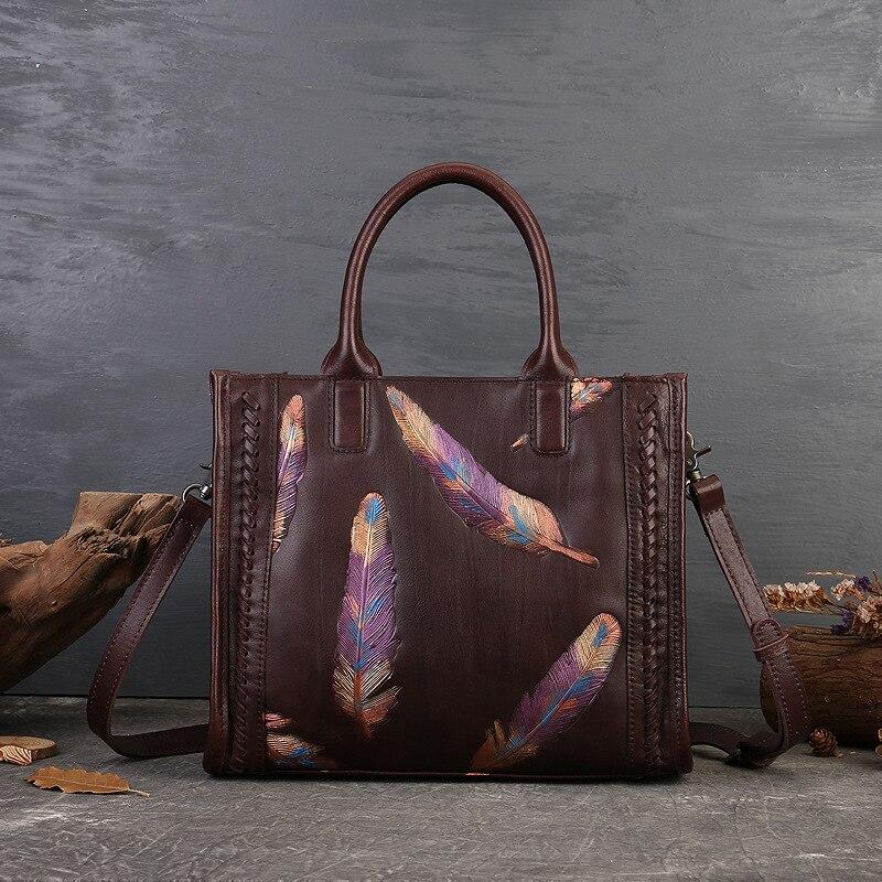 Ретро-сумка с тиснением перьев женская сумка из натуральной кожи большая вместительная повседневная сумка из натуральной яловой кожи 8190₽