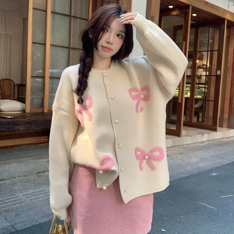 Women's Bow Cardigan Round Neck Single Breasted Sweet Knit Sweaters Thin Korean Style Casual Loose Woman Top