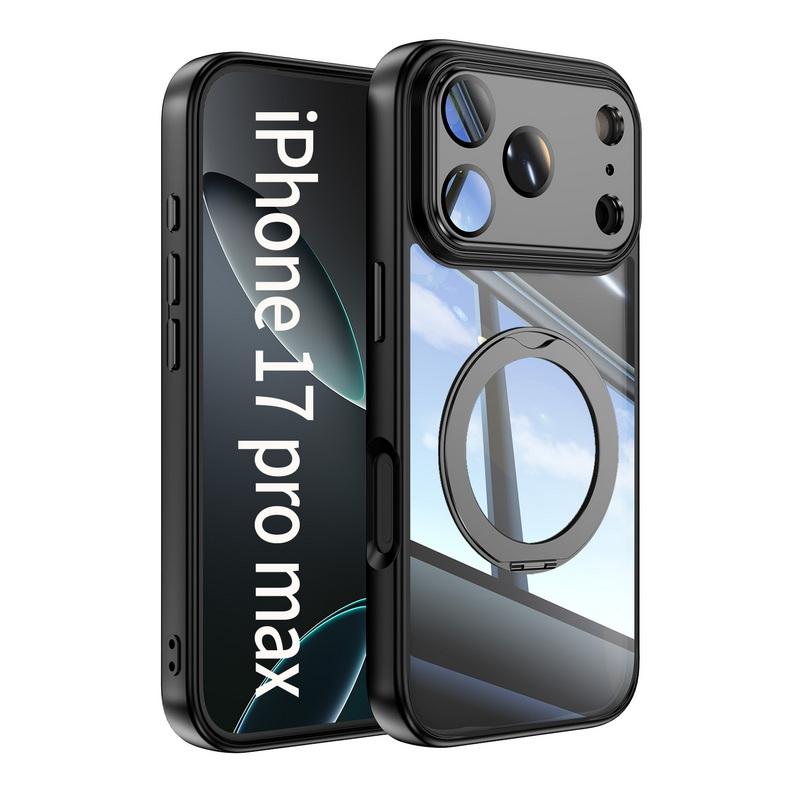 

Магнитный чехол-подставка с кольцом для iPhone 17 Pro Max 16 15 14 13 12 Pro Max, роскошный защитный чехол с прозрачной задней панелью, гибридный TPU+PC, ударопрочный чехол For iPhone 17 чёрный