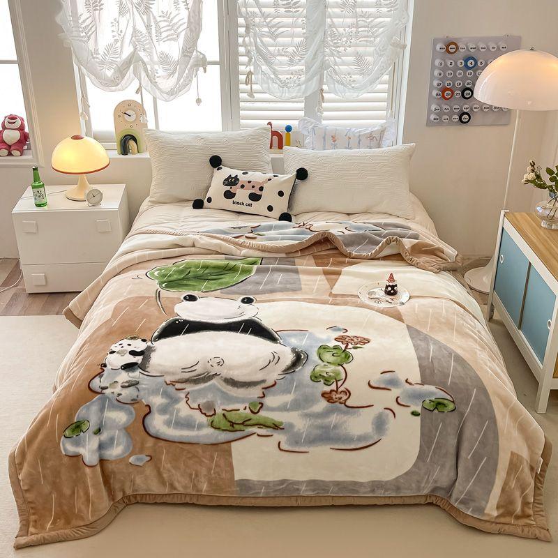Double Layered Printed Thickened Raschel Soft Blanket Heat Retention Warm Quilt No Shedding Colorfast Anti-static Travel Throw