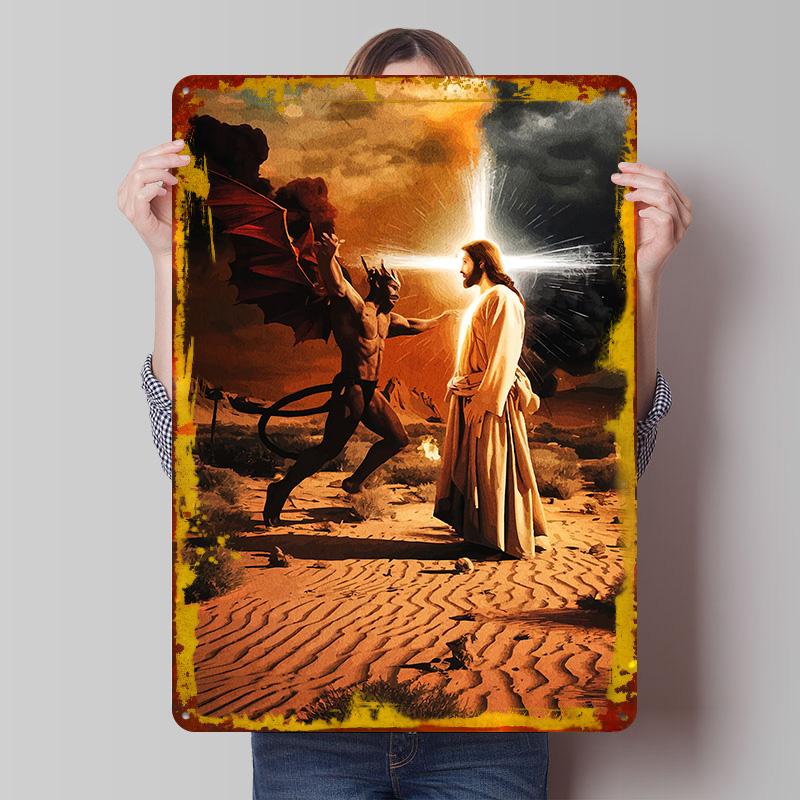 

Jesus and the Devil Confrontation Tinplate Poster Customized Wall Art Vintage Retro Metal Signs for Home Decorations Man Cave 7.9x11.8In(20x30cm)