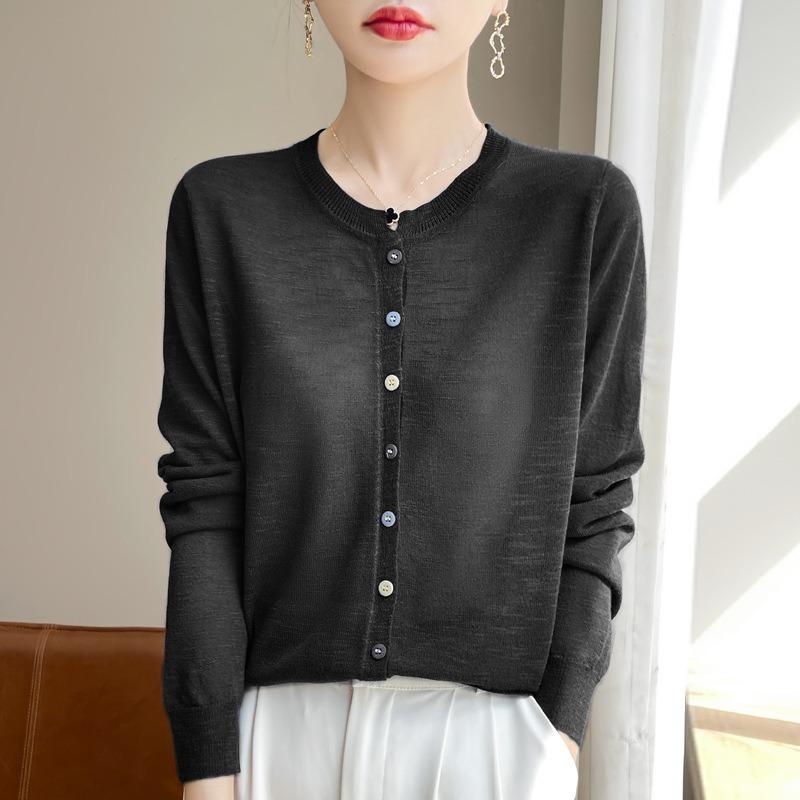 

Тонкий вязаный кардиган с длинными рукавами, женская летняя солнцезащитная куртка с круглым вырезом, рубашка с кондиционером, топы XXL чёрный