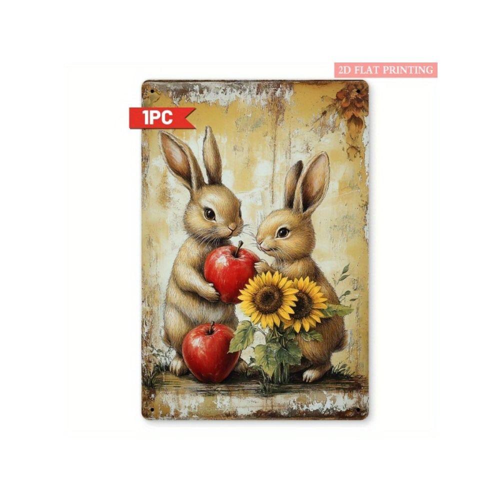 Tin Sign Retro Easter Rabbit Floral Wall Art Home Holiday Decor Metal Poster
