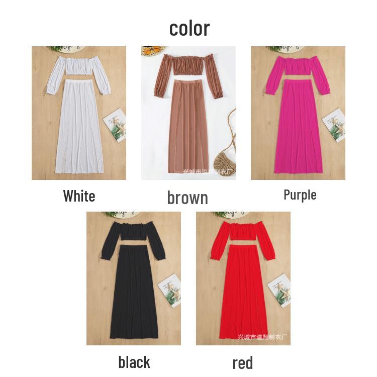 Women's European & American Off-Shoulder Swimsuit Cover-Up: Long Sleeve, High Slit Skirt, Two-Piece Set