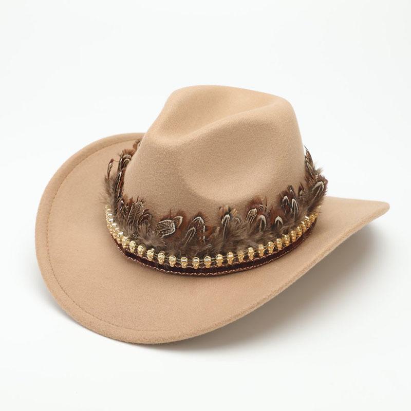Western cowboy hat autumn and winter outdoor travel knight hat Tibetan ethnic style feather jazz hat top hat