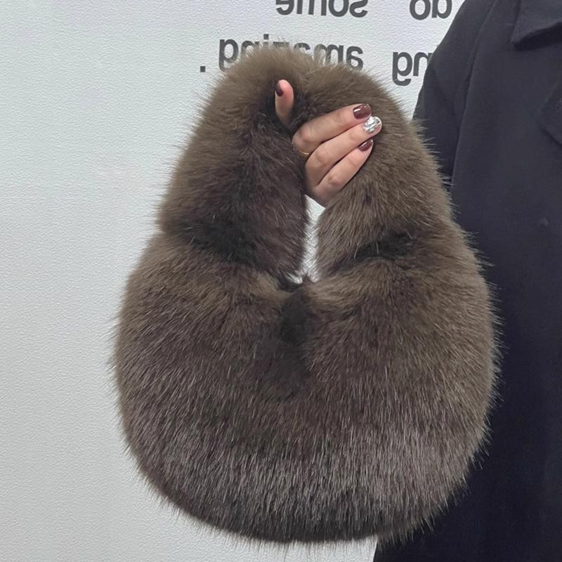 Luxury Soft Plush Half Moon Bag Faux Fur Fluffy Lady Handbags Female Winter Purse Party Clutch Bag Casual Tote Bag