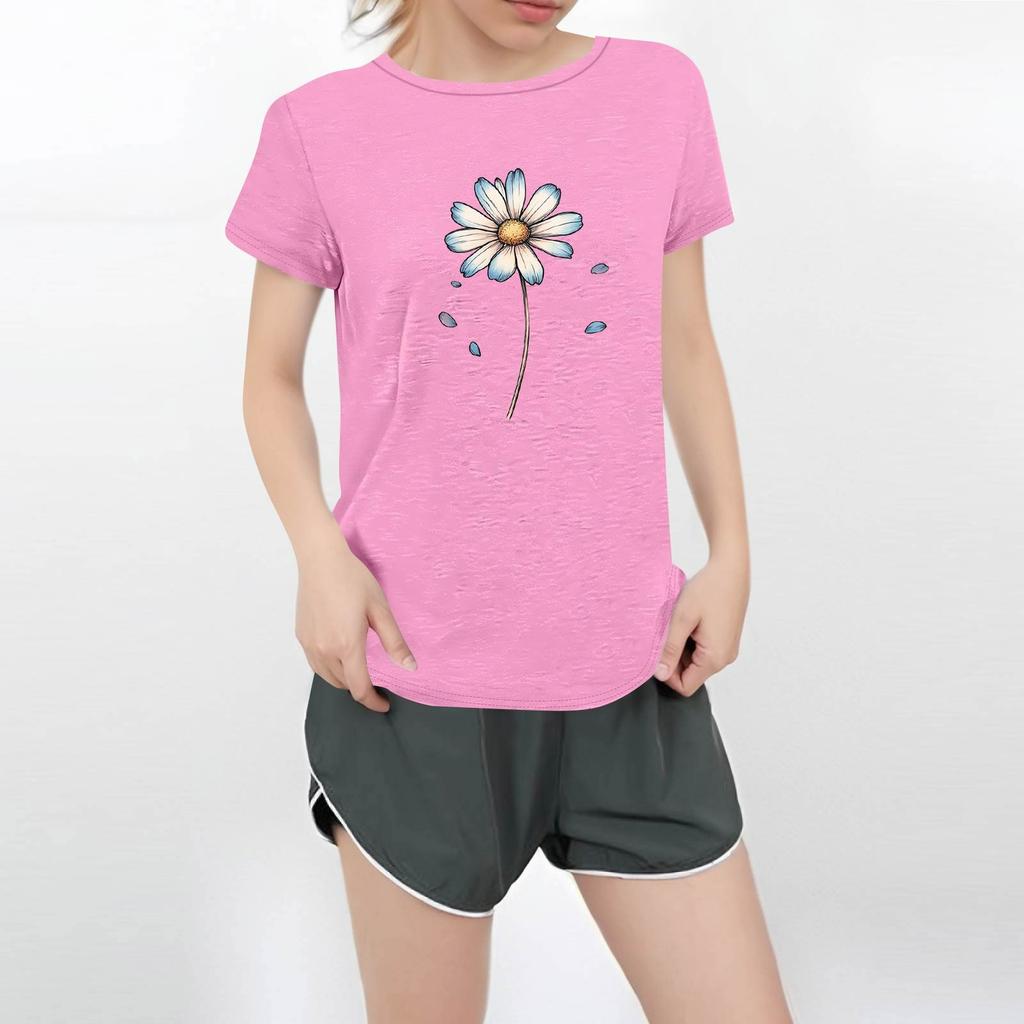 Camiseta feminina casual estampada de manga curta com decote redondo