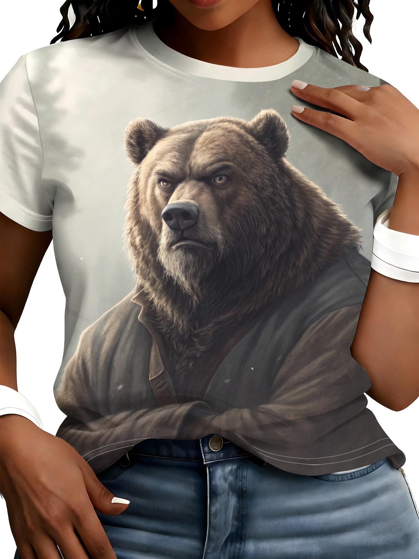 Brown Bear Print T-Shirt - Retro Anthropomorphic Bear Short Sleeve Top with Suitable for Themed Outfits. Machine Washable Casual Summer Blouse Style f S дубильная кора