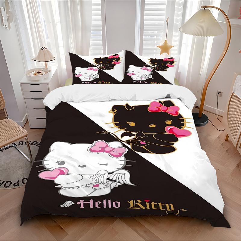 3pcs Hello Kitty Devil Angel Printed Bedding Set, Soft and Comfortable Quilt Cover for Bedroom, Guest Room (1 Duvet Cover + 2 Pillowcases, P