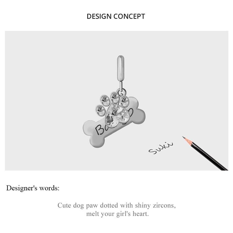 WOSTU Skutečné 925 Sterling Silver Pes Paw Stopa Korálek Růžový Zirkon Bone Charm Fit Originální náramek s přívěskem Šperky