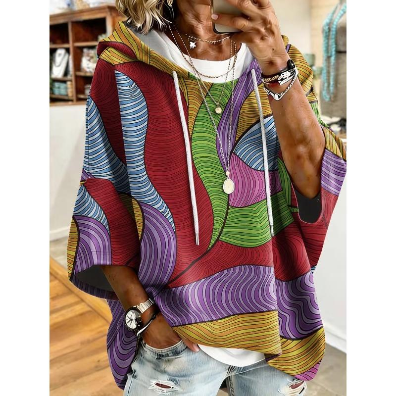 Damska bluza z kapturem, luźna, z rękawem 3/4, w stylu retro, z kwiatowym wzorem, casualowa, na wakacje