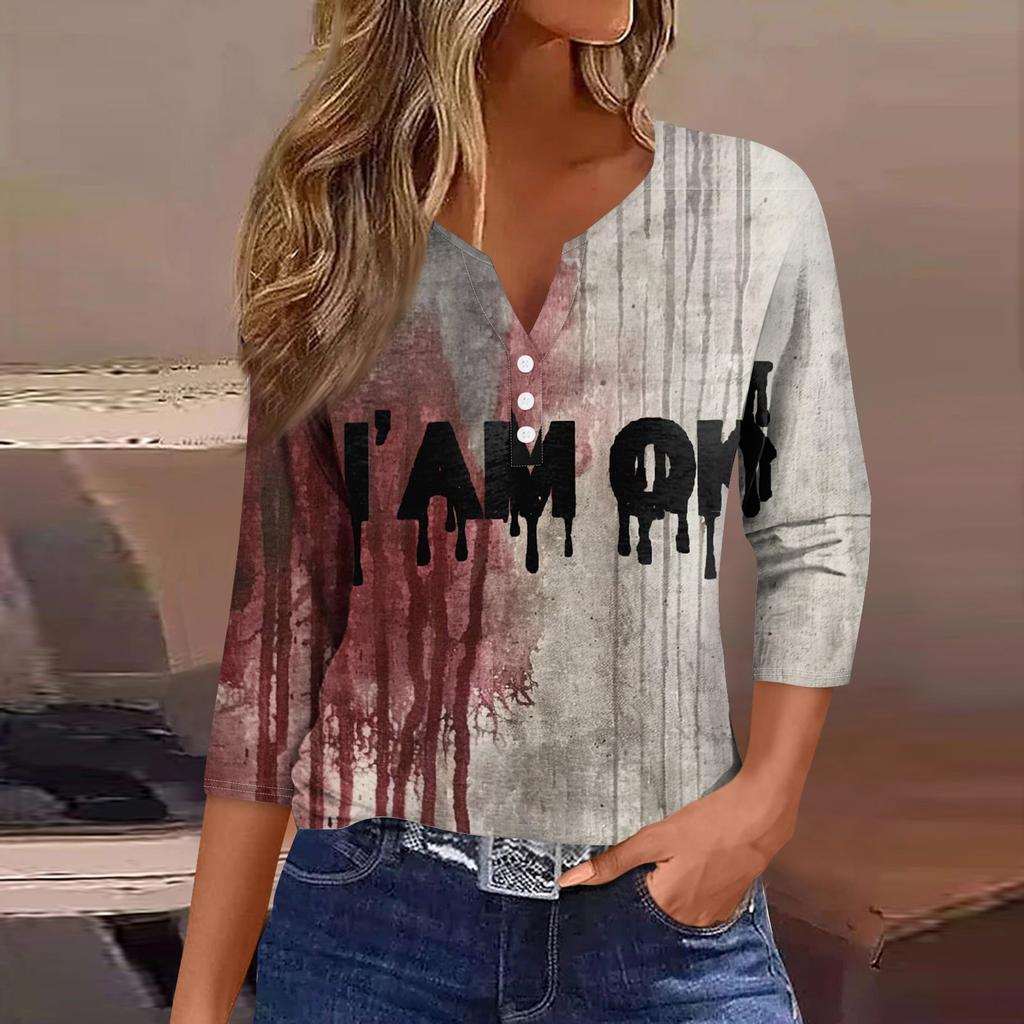 Damenmode Lässig Halloween Bedruckt V-Ausschnitt Kurzarm Dekorativer Knopf Dreiviertelarm T-Shirt Tor