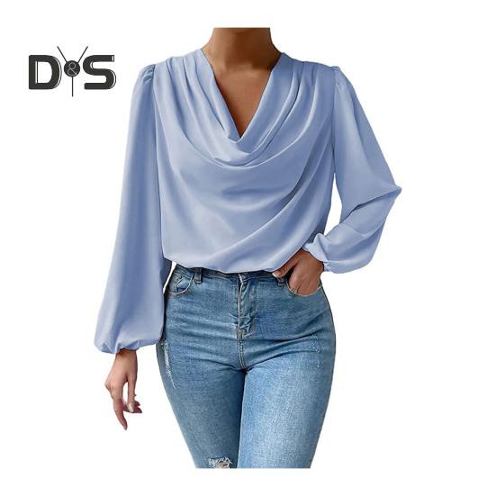 Chiffon-Hemd für Damen, drapierter Kragen, Laternenärmel, Pullover-Oberteile, einfarbig, lockere Passform, Pendler-Oberteil für den Alltag