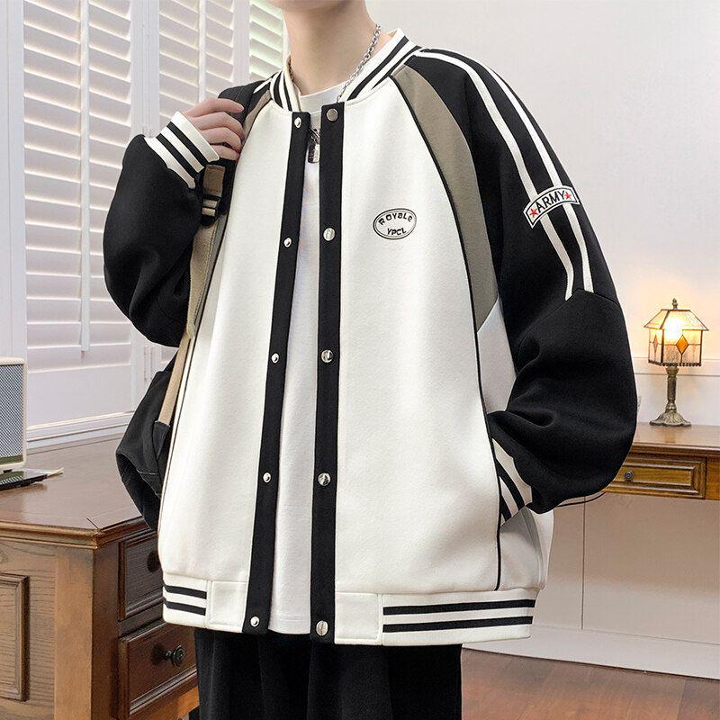 Men's Spring/Fall American Baseball Jacket: Trendy Hong Kong Style for Teens with Round Neck and Stylish Print