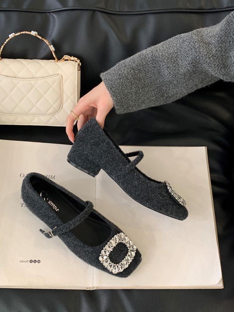 Rhinestone Velvet New Women'S Fashion Versatile Thick Heel Single Shoes Warm Spring Skirt Mary Jane High Heels