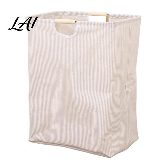 Cotton And Linen Laundry Organizer Basket with Wooden Handles Large Space Saving Bag Basket Storage Foldable for Families Collapsible Hamper