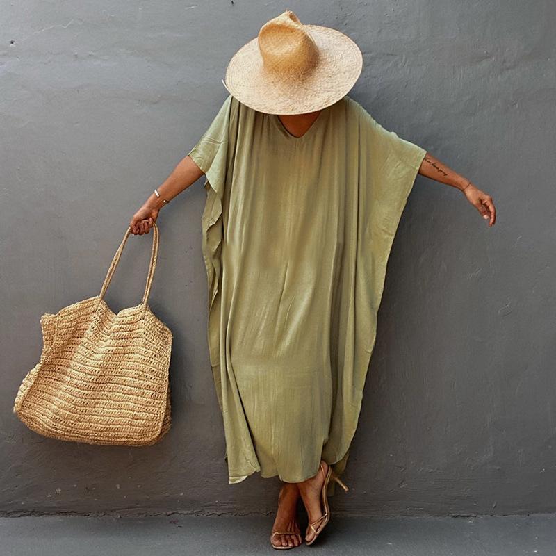 European & American Cotton Long Robe Beach Cover-Up: Solid Color Swimwear Sun Protection Dress