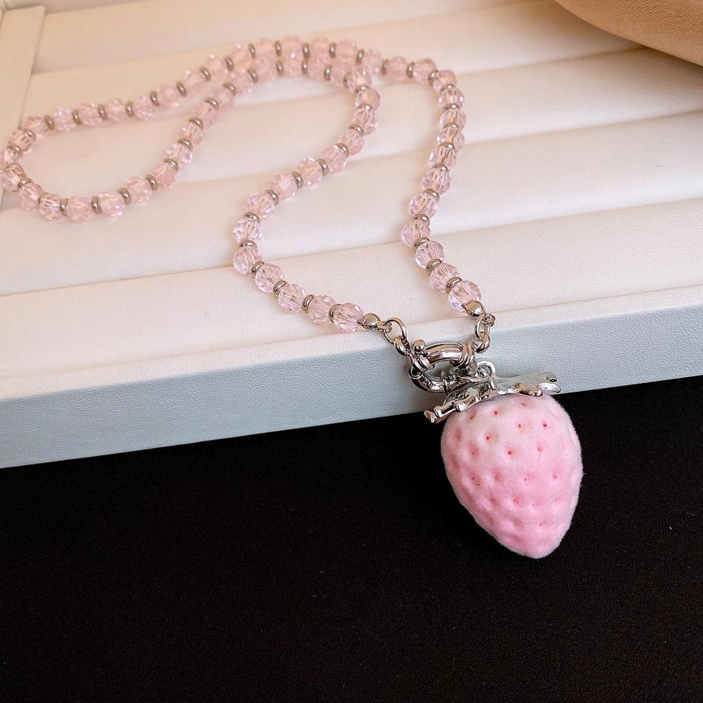 Dulces Aretes de Felpa con Perlas y Colgante de Fresa Cadena para Clavícula Set de Joyería para Mujeres