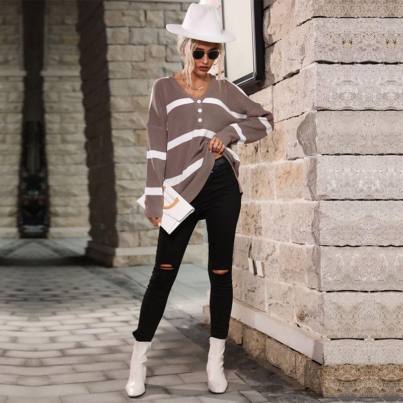 YYFS Damenmode, lässig, Frühling und Herbst, Streifendruck, langärmelig, V-Ausschnitt, Blusen und Hemden