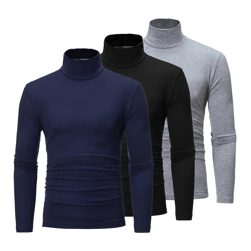 3Pcs Men Casual High Neck Long Sleeve T Shirt Solid Color Slim Fit Pullover Undershirt Thermal Base Layer Set