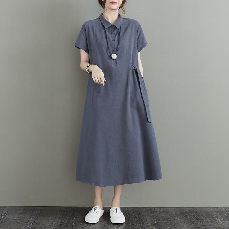 Summer Cross-border New Japanese Solid Color Cotton and Linen Lapel Short-sleeved Loose Dress Women's Medium and Long