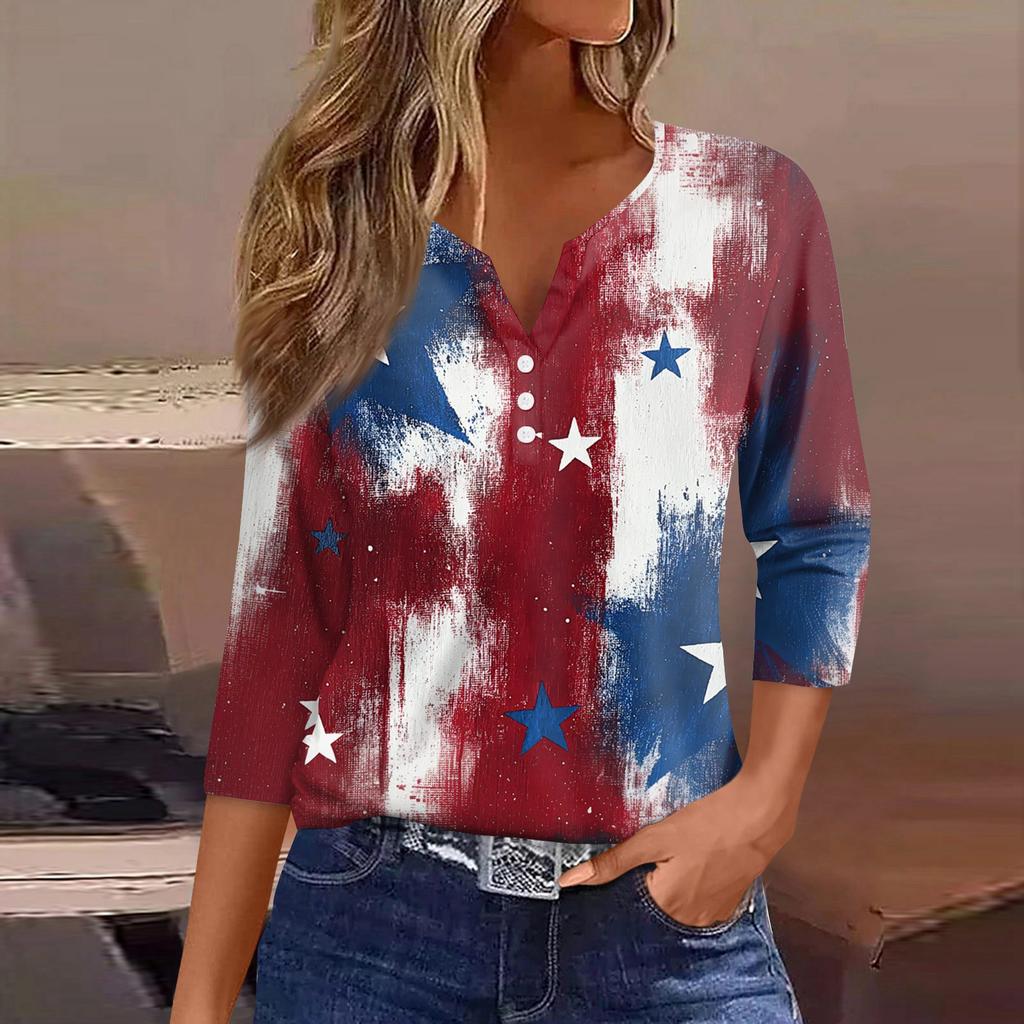 Women's T Shirt Independence Day Print Button 3/4 Sleeve Daily Weekend Fashion Basic V- Neck Regular Top