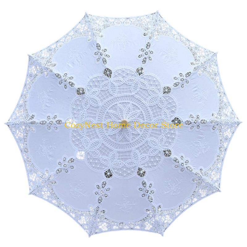 92MF Decorative Handmade Lace Umbrella Wooden Handle Sun Shade For Women Girls Special