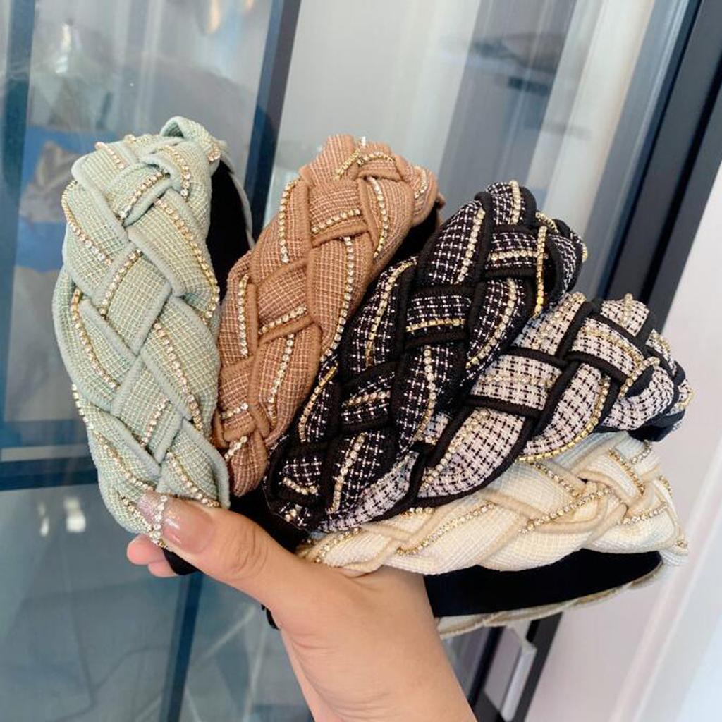 PROLY New Fashion Headband For Women Wide Side Turban Handmade Braided Headwear Shining Rhinestone Hair Accessories