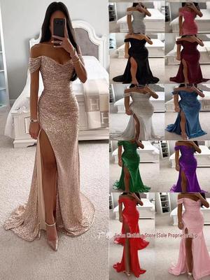 2025 Pailletten schulterfreies Kleid mit Schlitz - Europäische & Amerikanische Mode für Damen