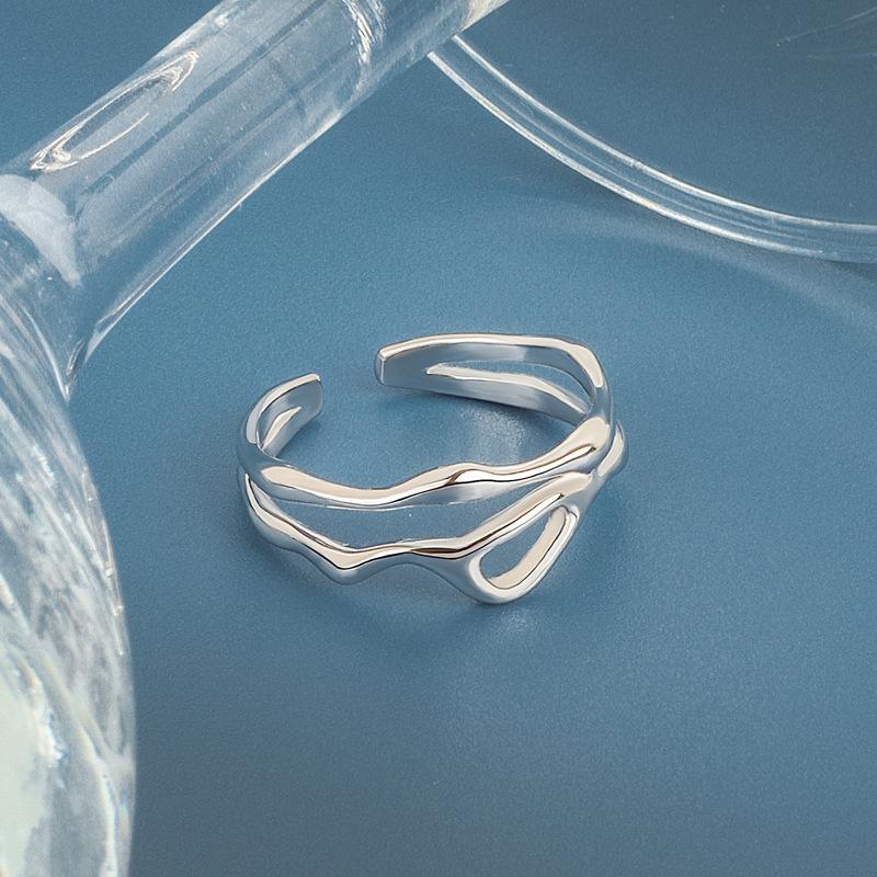 

LIVVY Silver Color Irregular Hollow Double Line Geometric Ring Female Simple Unique Design Fashion Adjustable Jewelry resizable