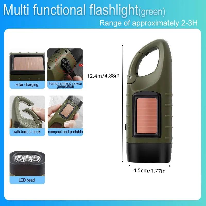 Portable Solar Hand Crank Dynamo LED Flashlight, Multifunction Outdoor Torch Lantern for Riding Camping Hiking Emergency Long‑Range Lighting Backup