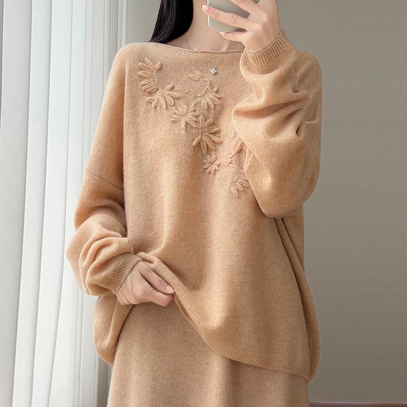 Damen 100% Wolle Handbestickter Lockerer Rundhals-Oversize-Pullover-Top für den Winter