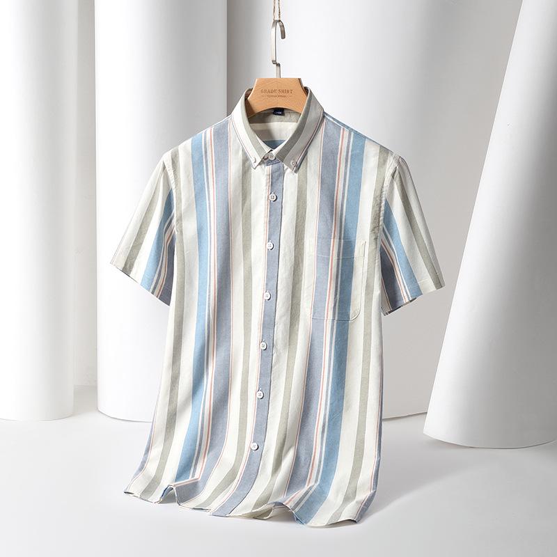 Men's Summer Striped Short-Sleeve Cotton Shirt with Turn-Down Collar