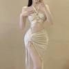 Women's Summer Bandeau Halter Dress with Round Ring Cutout and Slit - 2022 Solid Color Style