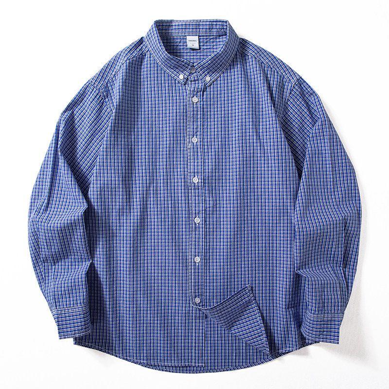 American Retro Blue Plaid Shirt Men s Cleanfit Spring and Autumn Pure Cotton Long-Sleeved Shirt Youth Trendy Jacket Blue M