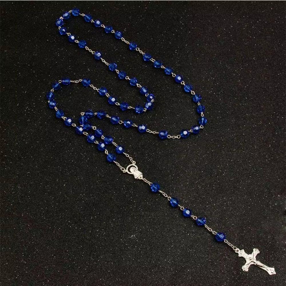 Long Chain Rosary Necklace 8mm Beads Crucifix Pendant Chain Cross Pendant Necklace Lady Jewelry