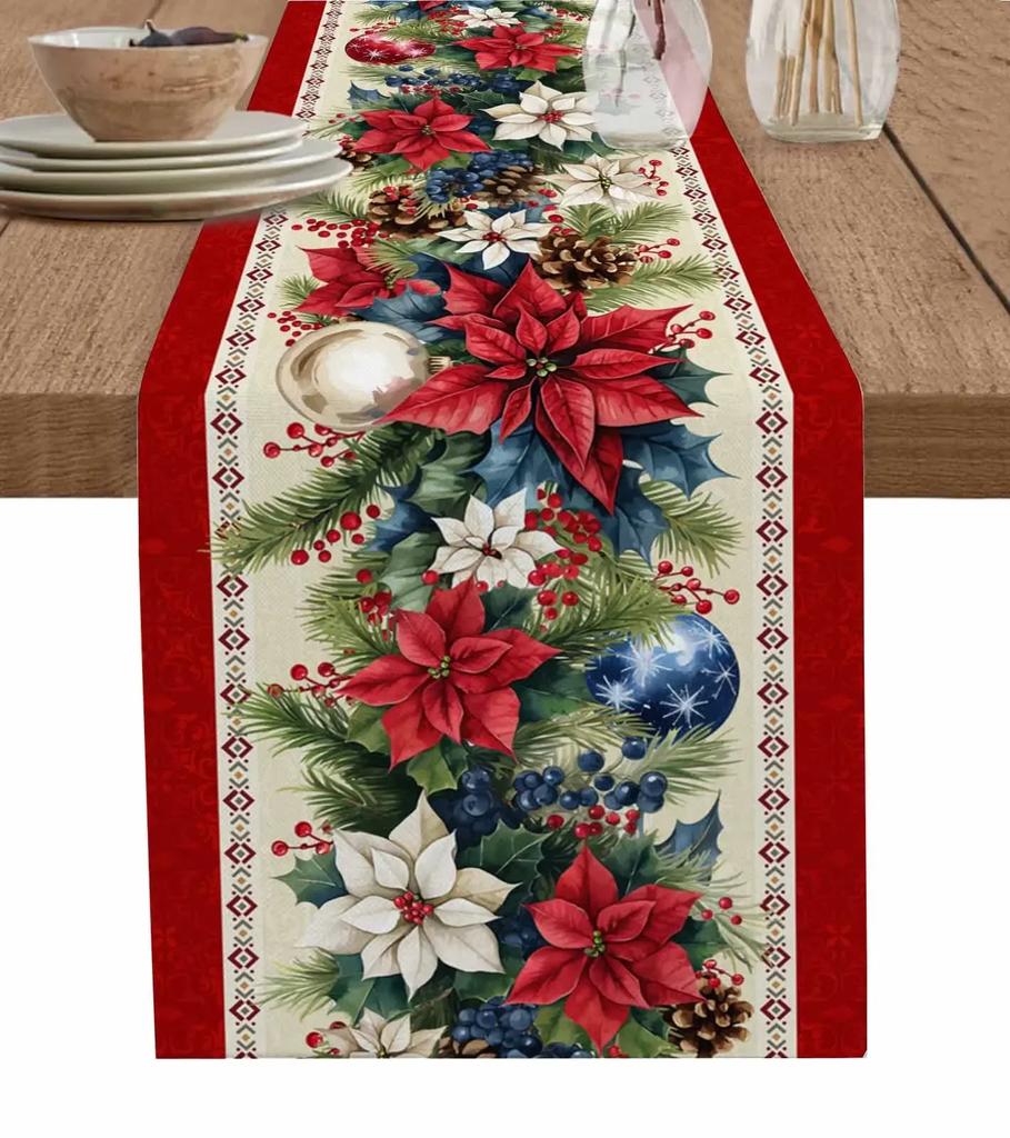 Natale Abete Argentato Foglie Fiocchi di Neve Grana Legno Lino Runner da Tavola Decorazione Cucina Runner da Tavola Forniture per Feste