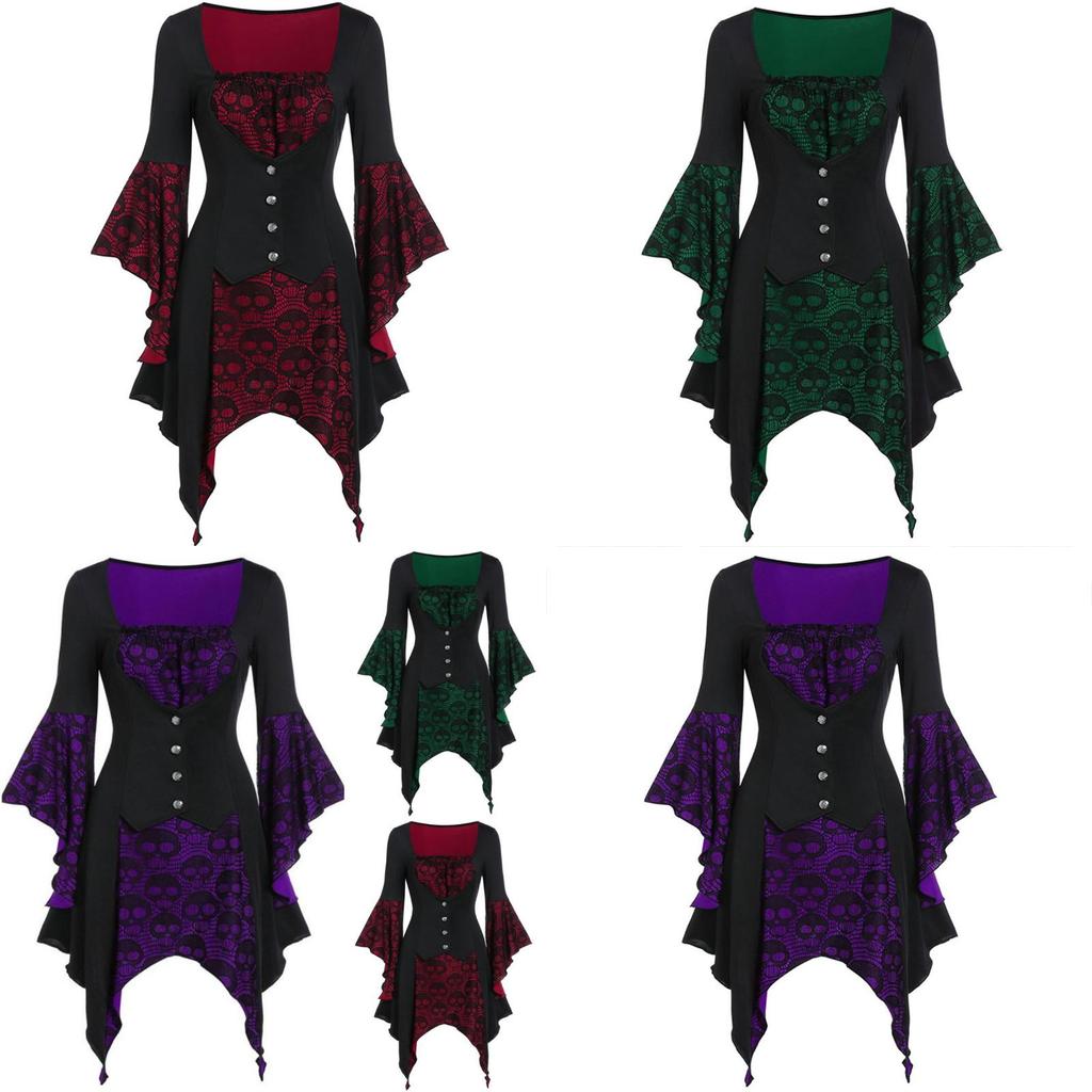 Damen Vintage Schädelkopf Mittelalterlich Gotisch Hexe Cosplay Kostüm Kleid für Halloween Party