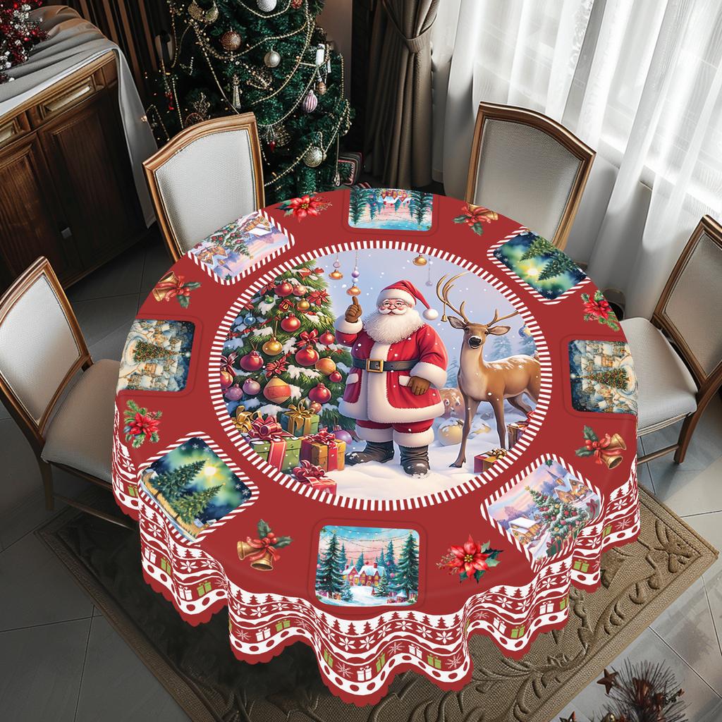 1 Piece Of Christmas Round And Rectangular Tablecloth, Various Sizes, Santa Claus And Christmas Tree Exquisite Scene Print Red Tablecloth, Christmas C