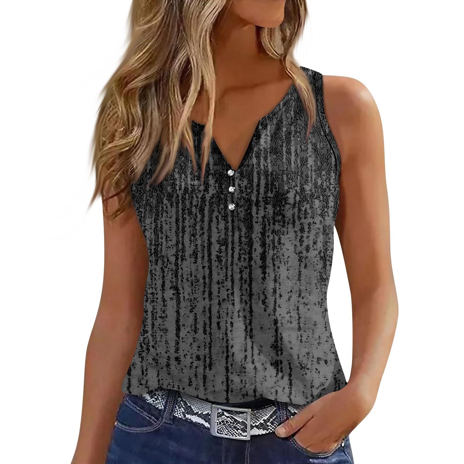 Women s V Neck Slim Fit Tank Top Vintage Gradient Print Sleeveless T Shirt Stretch Fabric Casual Fit Stylish Layering Base Shirt L