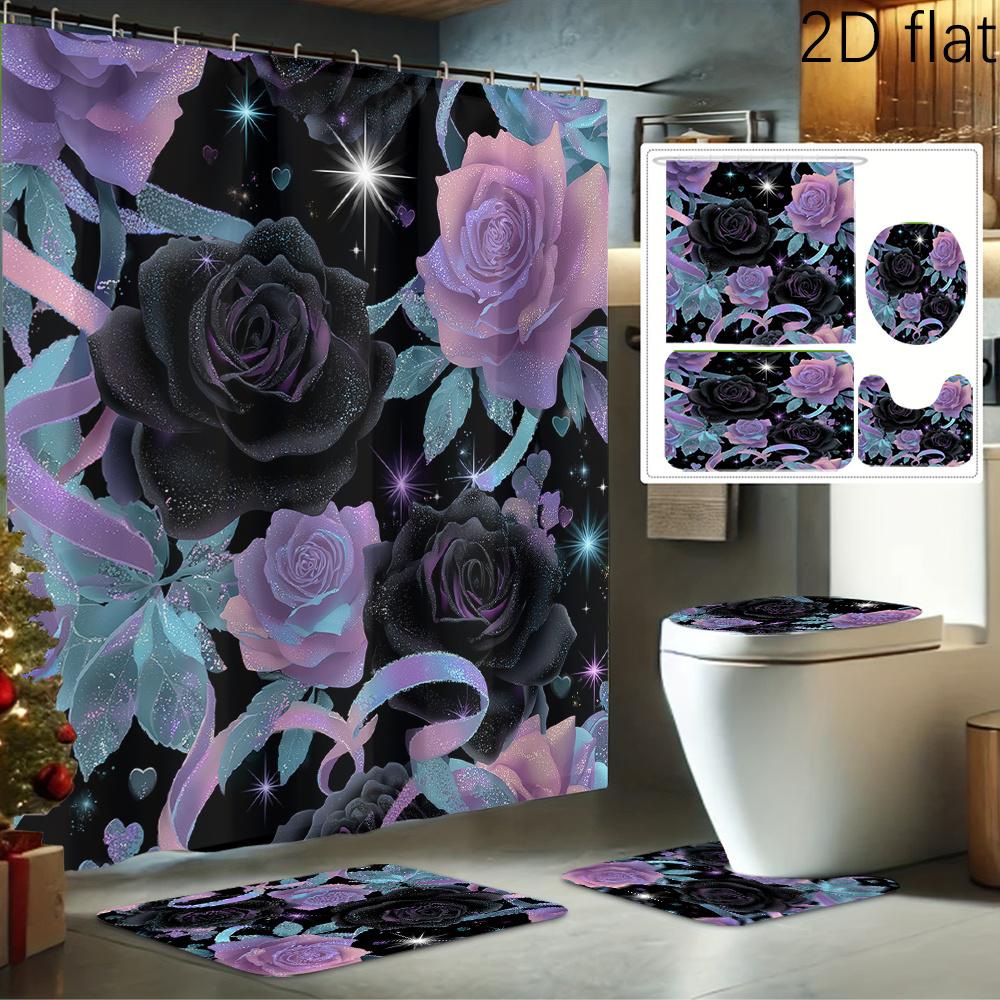 

2D Flat 1pc/4pcs Dreamy Starry Sky Rose Print Shower Curtain Set, Bathroom Decor Kit Includes Shower Curtain, Non-Slip Mat, Toil 90x180cm