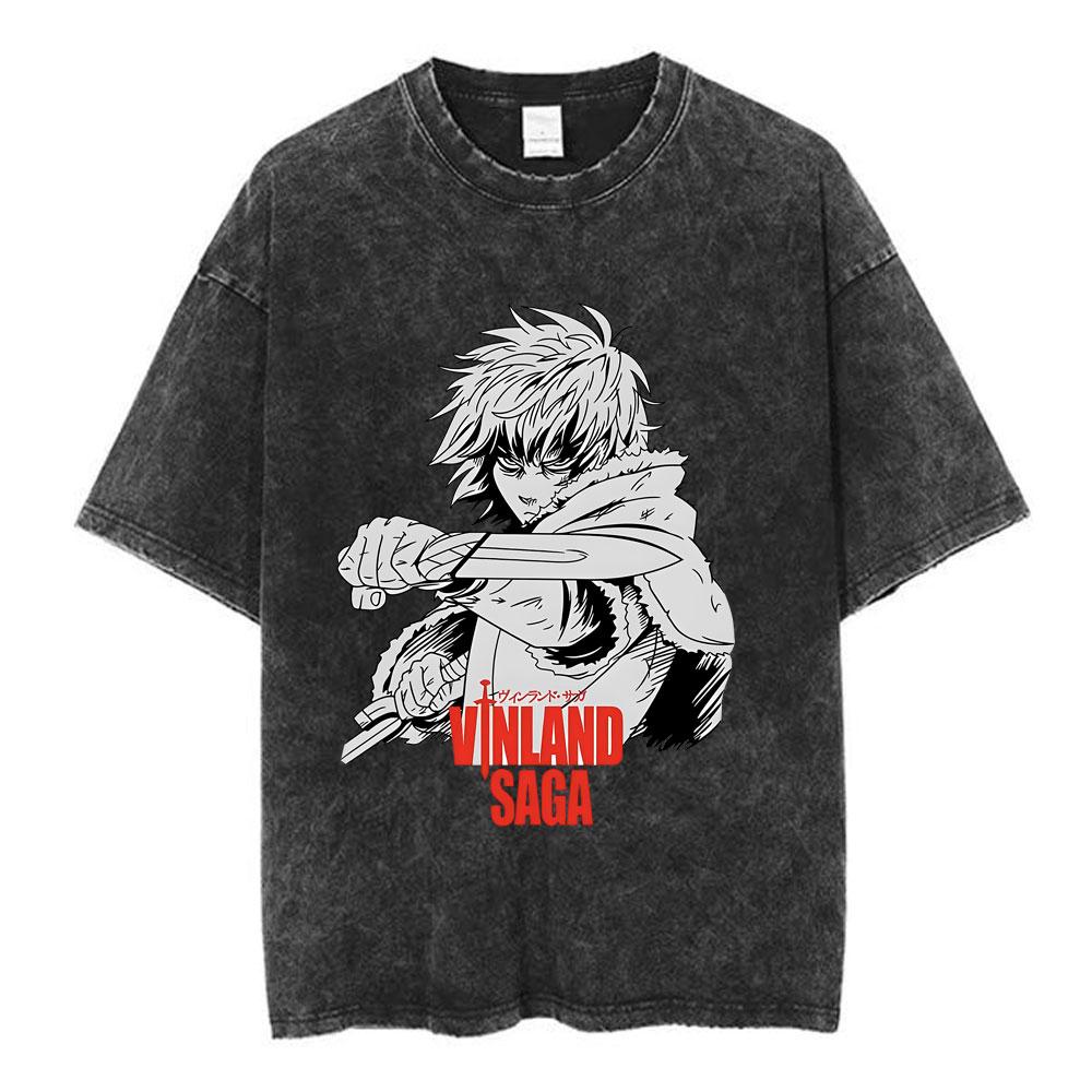 Vintage Washed Anime Vinland Saga Thorfinn Karlsefni T Shirt Mens Women Clothing Fashion Street Casual Cotton Oversized Tshirts