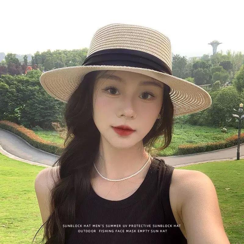 New Summer Visor Hat Flat Top Straw Hat Women's Seaside Beach Sun Protection Woven Sun Hat