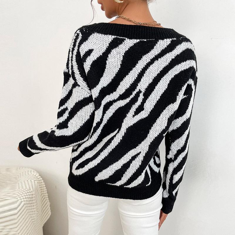 Women's Autumn/Winter 2025 Zebra Print Thick Knit Pullover Sweater - European & American Fashion
