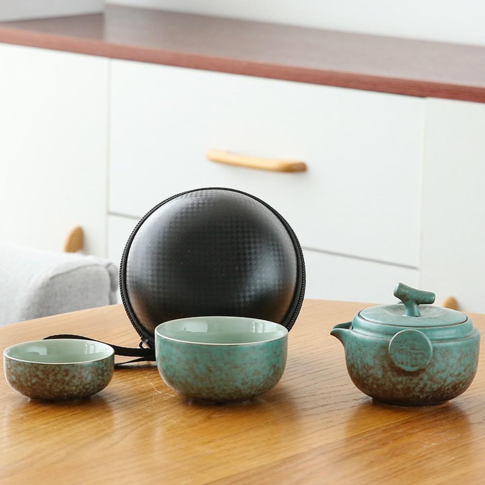 Minimalist 2 in 1 Tea Ceremony Teapot Set Ceramic Mini Travel Teapot with Storage Bag Chinese Teapot Set Outdoor