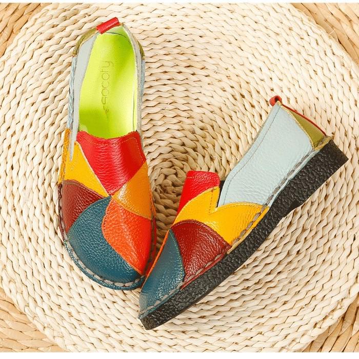 New Casual Color Block Genuine Leather Women's Flats – Plus Size, Middle-Aged Mother's Shoes
